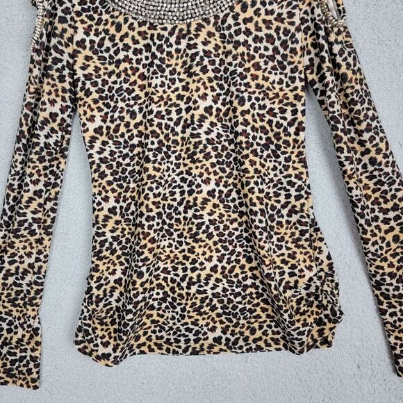 C. Oliver Blouse M Leopard Print Cold Shoulder Stretchy Silver Bead Embellished - Picture 4 of 16